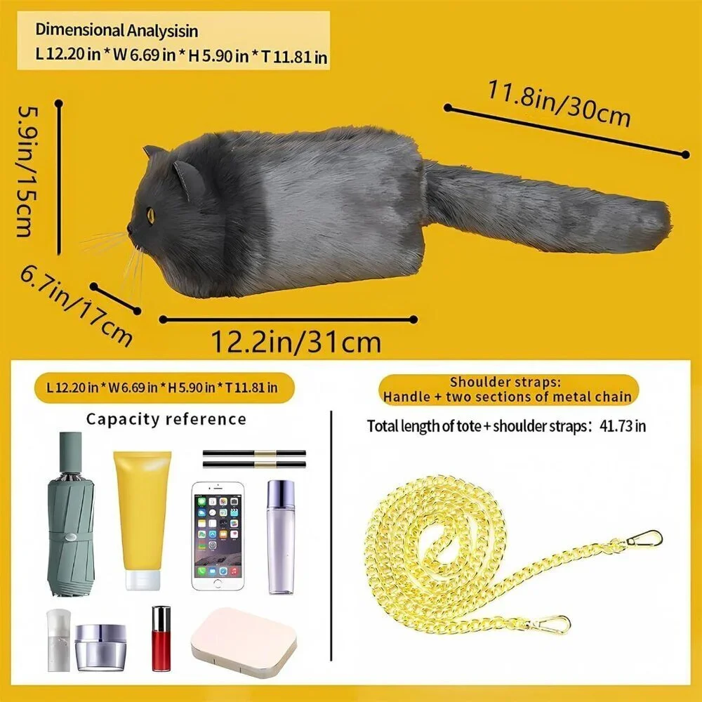 Realistic Puffy Plush Cat Crossbody Bag Women Cute Soft Faux Fur Zipper